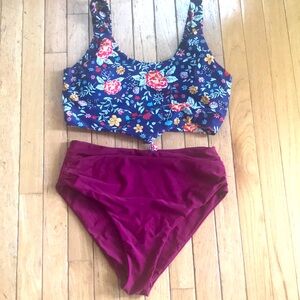 Floral Navy & Burgundy high waisted Two-Piece Swim Set